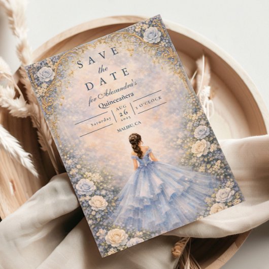 Save The Date Powder Blue Rose Garden Quinceañera