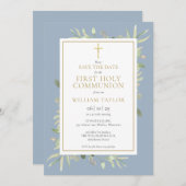Save The Date Première Communion Dusty Blue Greenery (Devant / Derrière)