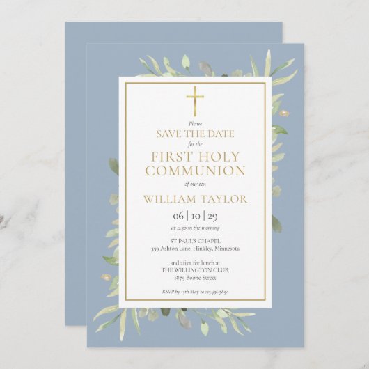 Save The Date Première Communion Dusty Blue Greenery (Devant / Derrière)