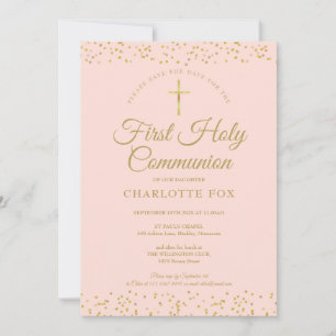 Save The Date Première communion rose poudré poussière d'or