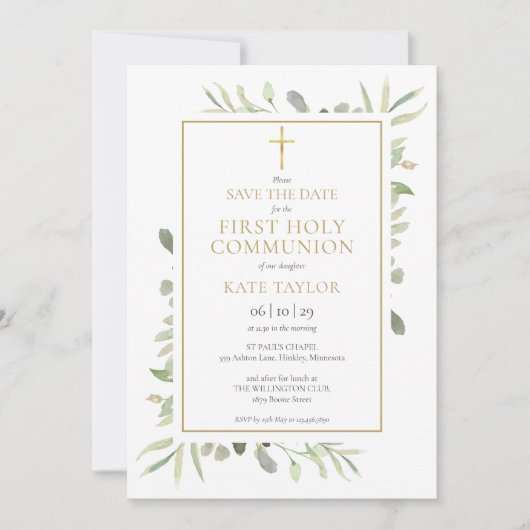 Save The Date Première Sainte Communion Aquarelle Feuillage (Devant)