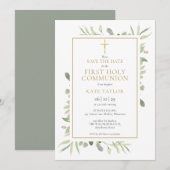 Save The Date Première Sainte Communion Aquarelle Feuillage (Devant / Derrière)