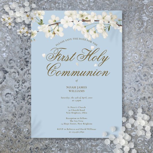 Save The Date Première Sainte Communion Bleu Floral Bleu