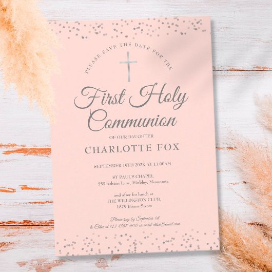 Save The Date Première Sainte Communion Blush Pink Silver Stardu