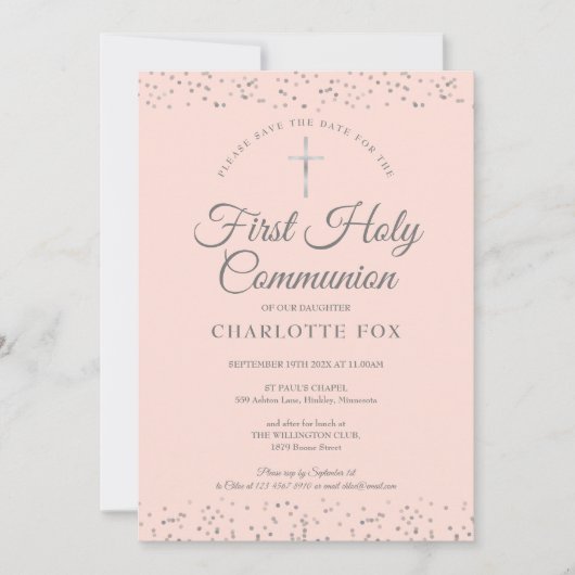 Save The Date Première Sainte Communion Blush Pink Silver Stardu (Devant)