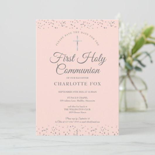 Save The Date Première Sainte Communion Blush Pink Silver Stardu (Debout devant)