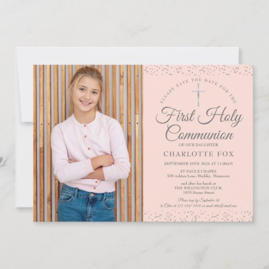 Save The Date Première Sainte Communion Blush Pink Stardust Phot (Devant)