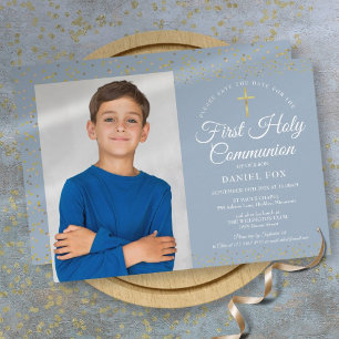 Save The Date Première Sainte Communion Dusty Blue Gold Dust Pho