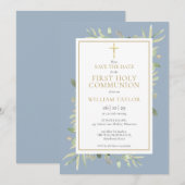 Save The Date Première Sainte Communion Dusty Blue Greenery (Devant / Derrière)