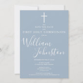Save The Date Première Sainte Communion Dusty Blue Script Photo (Devant)