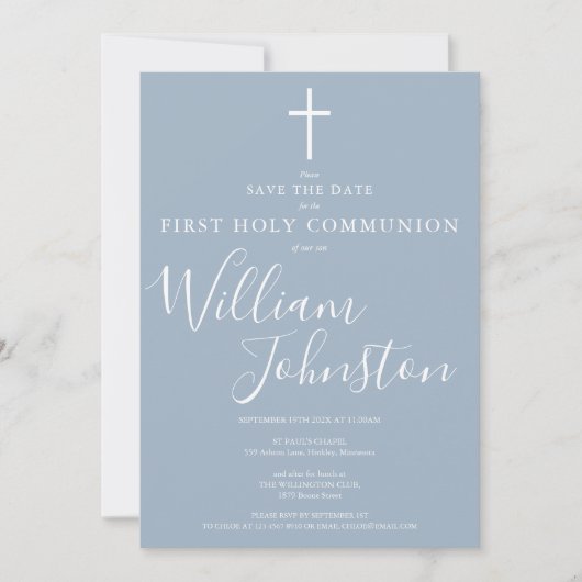 Save The Date Première Sainte Communion Dusty Blue Script Photo (Devant)