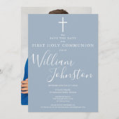 Save The Date Première Sainte Communion Dusty Blue Script Photo (Devant / Derrière)