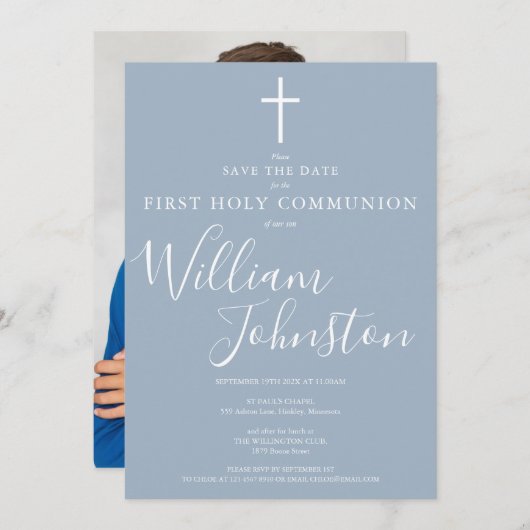 Save The Date Première Sainte Communion Dusty Blue Script Photo (Devant / Derrière)