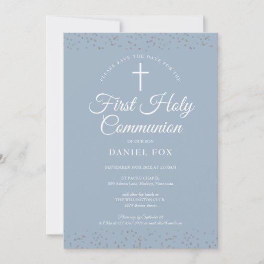 Save The Date Première Sainte Communion Dusty Blue Silver Stardu (Devant)