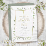 Save The Date Première Sainte Communion Élégante Verdure<br><div class="desc">Doté de délicats feuilles d'aquarelle et d'un élégant crucifix en or,  ce chic neutre de genre Première Sainte Communion,  sauf la date,  l'invitation peut être personnalisée avec vos informations spéciales,  avec un arrière - plan en argent sage au verso. Conçu par Thisisnotme©</div>