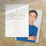 Save The Date Première Sainte Communion Gold Dust Photo Enregist<br><div class="desc">Une élégante Première Sainte Communion sauvez l'invitation de la date avec la poussière d'or délicate. Vous pouvez personnaliser avec vos détails de célébration en texte or chic et une photo spéciale au verso. Conçu par Thisisnotme©</div>