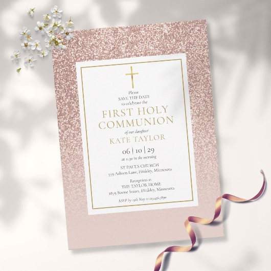 Save The Date Première Sainte Communion Rose Gold Pailleté