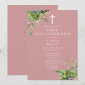 Save The Date Première Sainte Communion Rose Poussiéreux de Verd (Devant / Derrière)