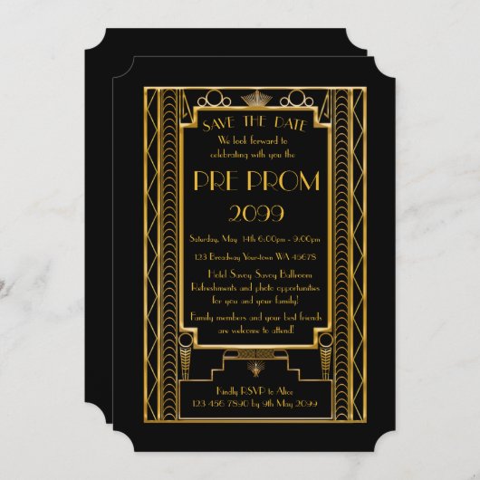 Save The Date PromJunior, Grand Gatsby, Or, Noir (Devant / Derrière)