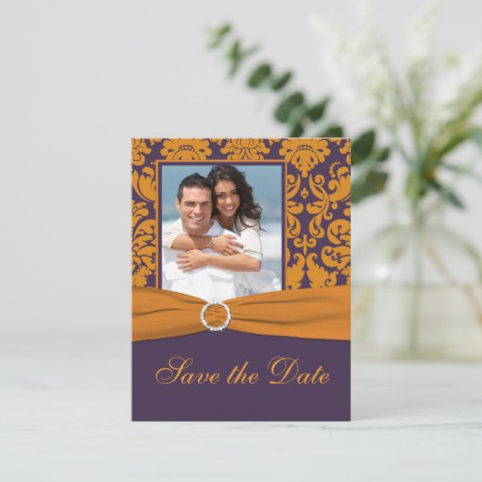 Save The Date Purple and Orange Damask Photo Enregistrer la date (Debout devant)