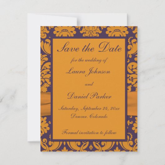 Save The Date Purple and Orange Damask Photo Enregistrer la date (Dos)