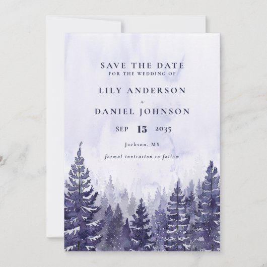 Save The Date Purple Aquarelle Pine Tree Forest Mariage photo (Devant)