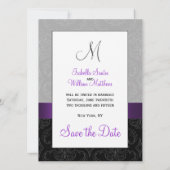 Save The Date Purple Black Damask Argent initial Enregistrer la (Dos)
