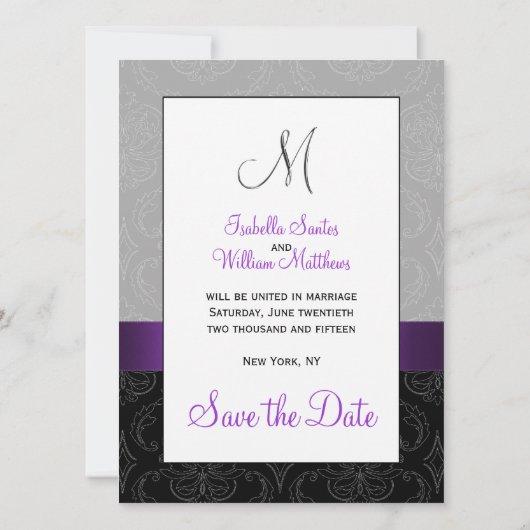 Save The Date Purple Black Damask Argent initial Enregistrer la (Dos)