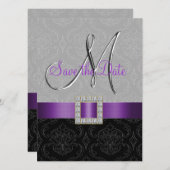 Save The Date Purple Black Damask Argent initial Enregistrer la (Devant / Derrière)