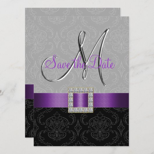 Save The Date Purple Black Damask Argent initial Enregistrer la (Devant / Derrière)