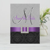 Save The Date Purple Black Damask Argent initial Enregistrer la (Debout devant)