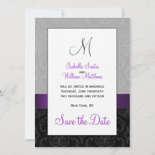 Save The Date Purple Black Damask Argent initial Enregistrer la