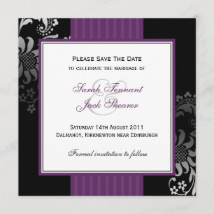 Save The Date Purple & Black Mariage damassé Enregistrer la date