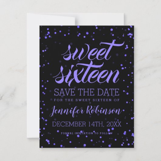 Save The Date Purple Black Sweet 16 Anniversaire Date de sauvega (Devant)