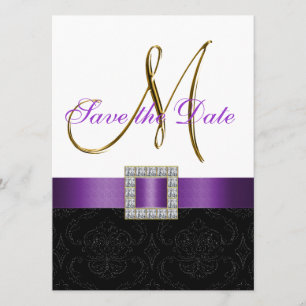 Save The Date Purple Black White Damask Enregistrer la date