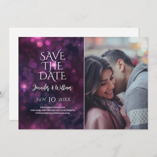 Save The Date Purple Bokeh Sparkle Design Mariage Enregistrer La (Devant / Derrière)