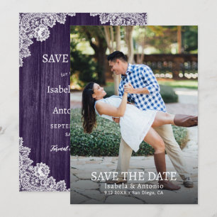 Save The Date Purple Country Wood Floral Dentelle Mariage Photo