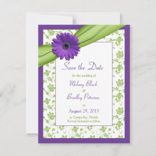 Save The Date Purple Daisy Green Floral Damask Enregistrer la da