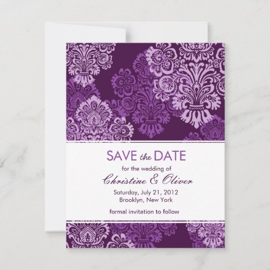 Save The Date Purple Eggplant Damask Enregistrer la date (Devant)