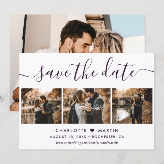Save The Date Purple Elegant Modern Script 4 Photo Wedding (Devant / Derrière)