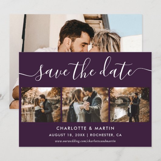 Save The Date Purple Elegant Modern Script Photo Collage Wedding (Devant / Derrière)