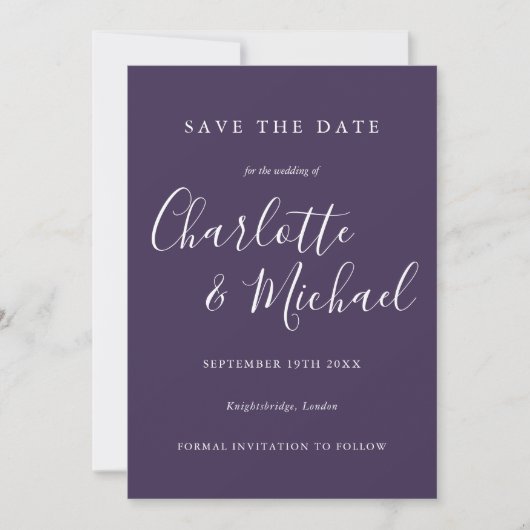 Save The Date Purple Elegant Signature Script Photo (Devant)