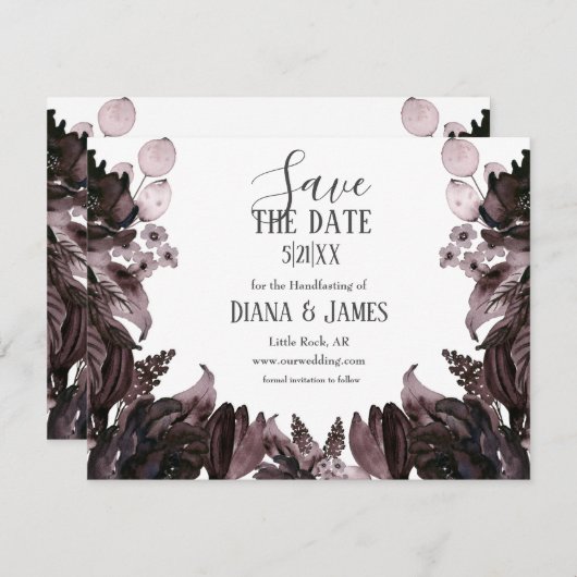 Save The Date Purple Floral Gothique Boho Pagan Handfasting (Devant / Derrière)