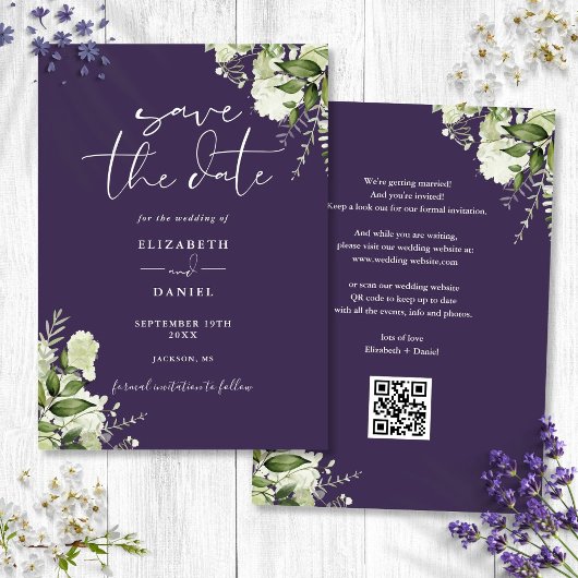 Save The Date Purple Floral Greenery QR Code Mariage