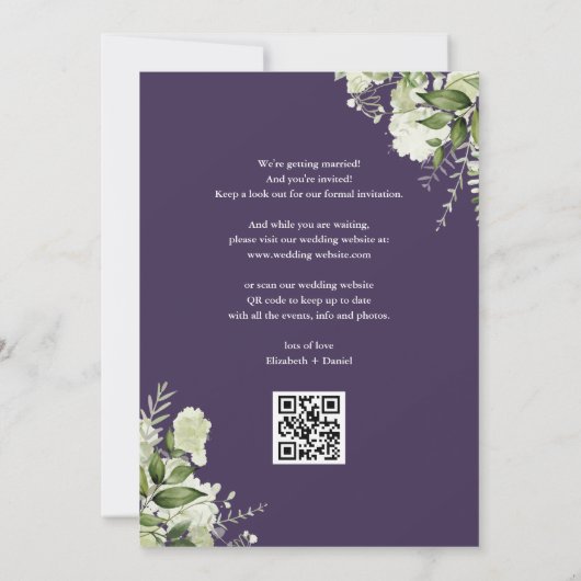 Save The Date Purple Floral Greenery QR Code Mariage (Dos)