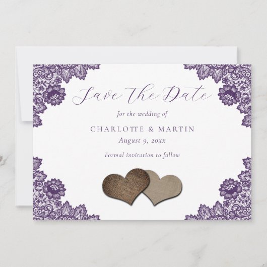 Save The Date Purple Floral Lace Burlap Hearts Rustic Wedding (Devant)