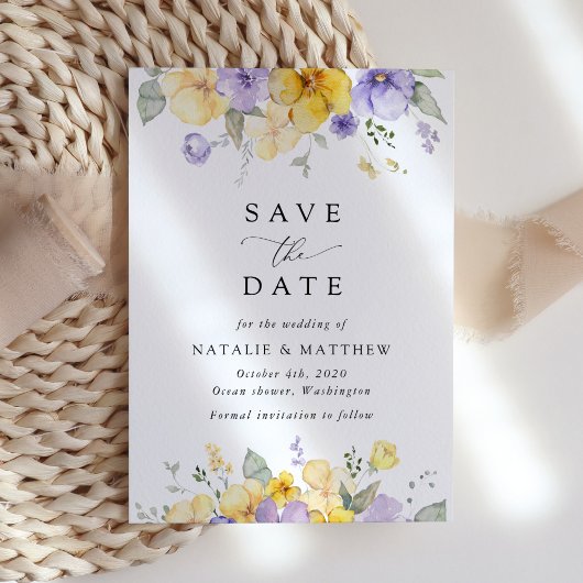 Save The Date Purple Flowers, Yellow Flowers, Greenery, Wedding