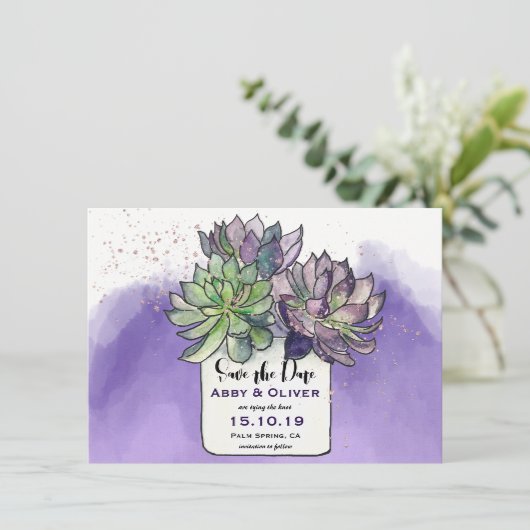 Save The Date Purple Green Cactus Photo Succulente Enregistrer L (Debout devant)