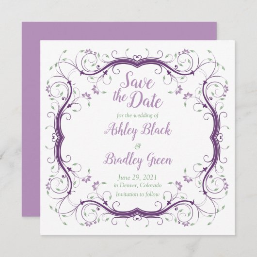 Save The Date Purple Green Floral Scroll Wedding Enregistrer la (Devant / Derrière)