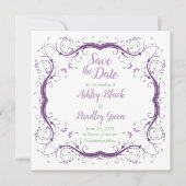 Save The Date Purple Green Floral Scroll Wedding Enregistrer la (Devant)